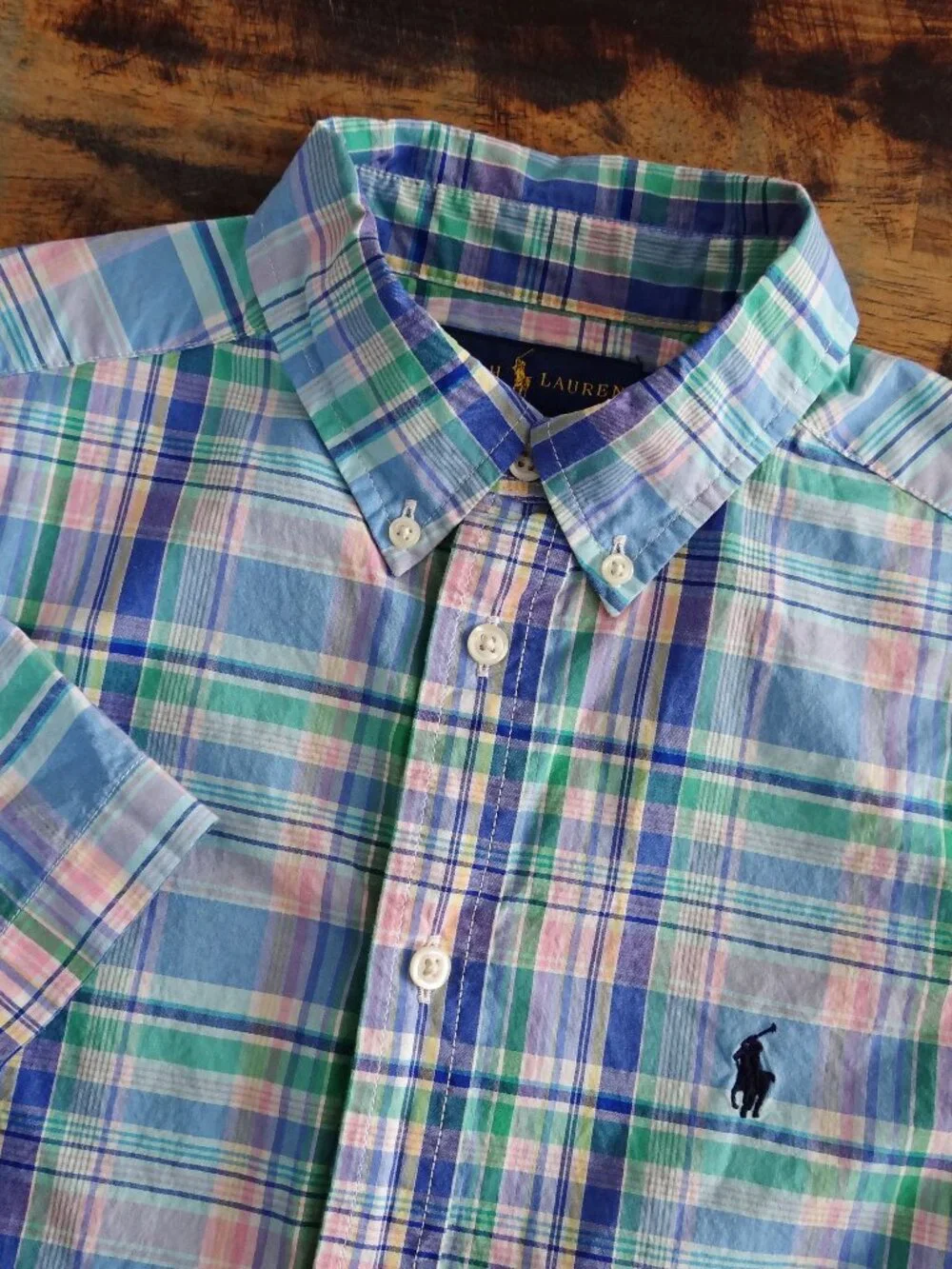 Ralph Lauren Boy's L 14-16 Plaid Short Sleeve Button Down Shirt Blue Green Pink